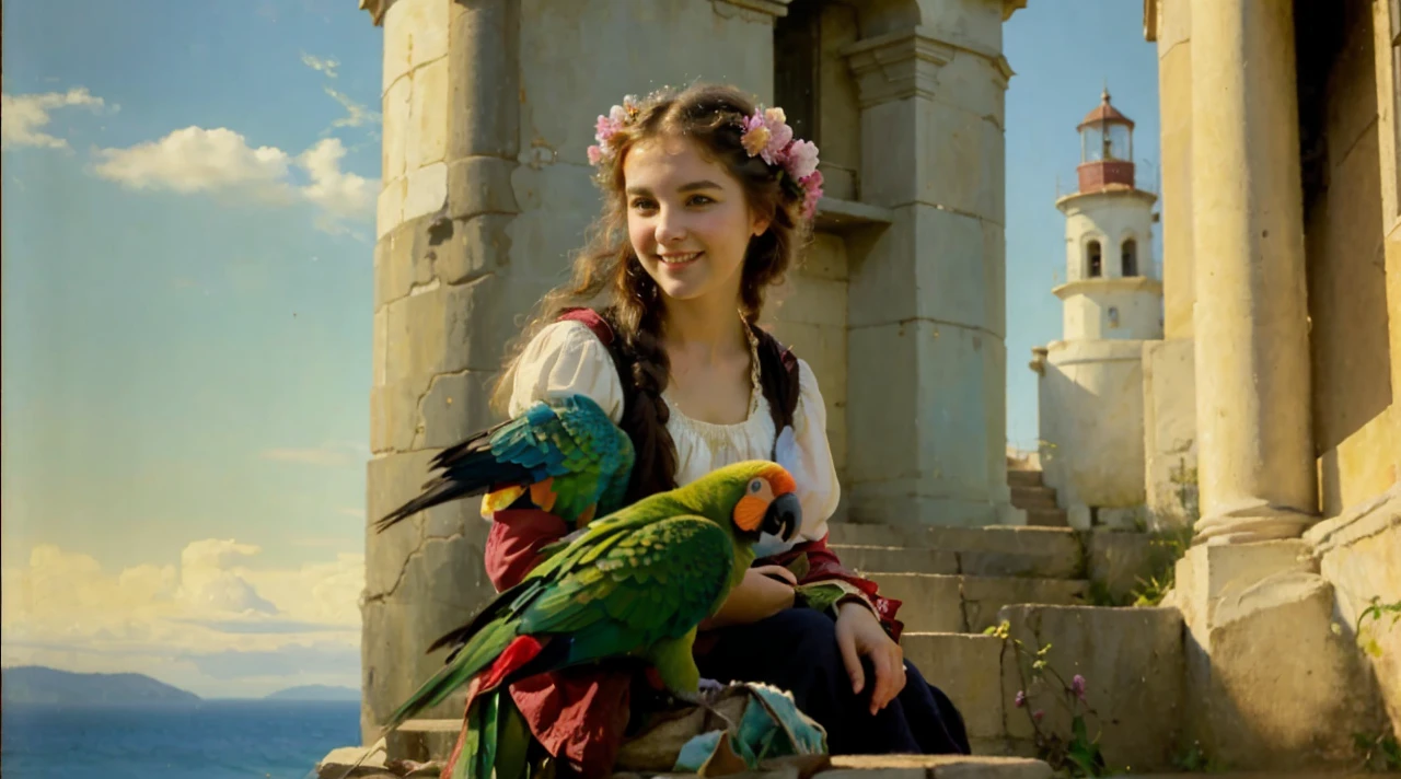 oil on canvas, a beautiful young pirate woman with resemblance to Mckenna Grace sitting with a parrot, on stone steps of an old lighthouse, smiling and looking at the camera, landscape of an epic afternoon , flowers adorn his head, natural lighting, style of william-adolphe bouguereau