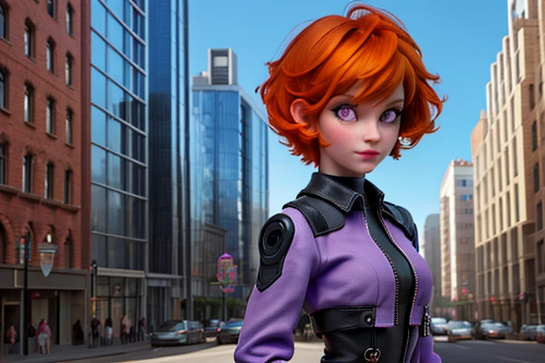 High resolution,high quality,(Perfect body),One Girl,Short Hair,Orange Hair,Purple Eyes,Buildings,City of the Future,Densely packed buildings