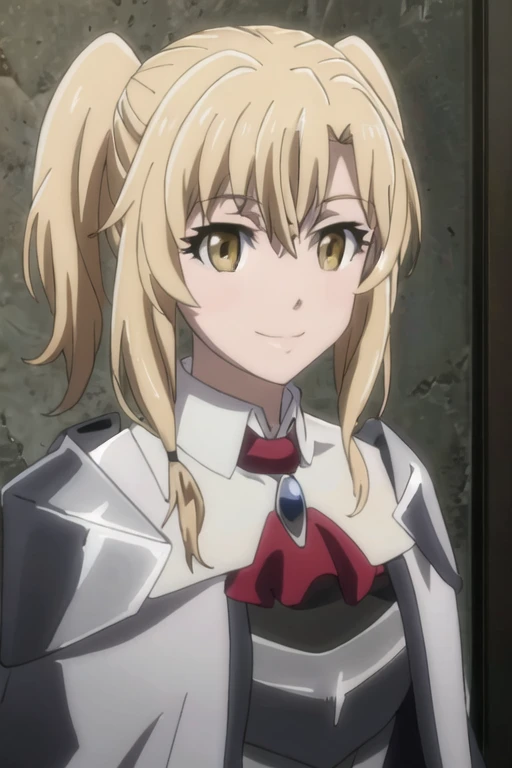 GoblinSlayer, NobleFencer, solo, girl1, looking at viewer, smile, long sleeves, brown eyes, cape, armor, shoulder armor, portrait, red ascot,