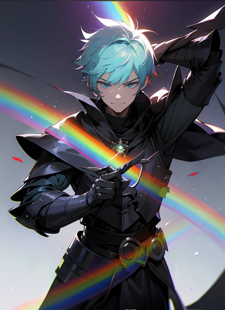 1 , handsome raibow hair, fanstasy, smile face, male ,fantasy, druid, reaper, hunter, villian face, short hair black armor , darkness wolrd