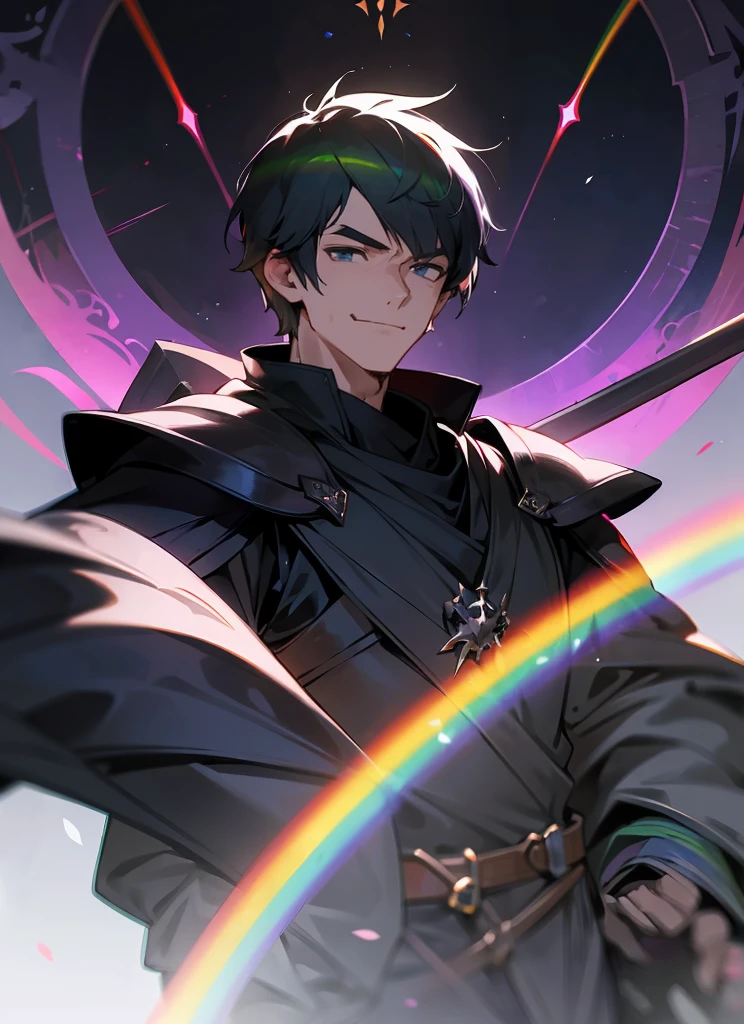 1 , handsome raibow hair, fanstasy, smile face, male ,fantasy, druid, reaper, hunter, villian face, short hair black armor , darkness wolrd