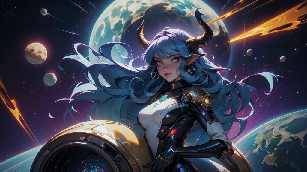 Full body, A beautiful dragon humanoid woman with space hair of variant shades of light, fiery hair, light hair, dark teal make up, grunge makeup, villaines, Golden scales on the face and shoulders, Anime, 4k, Beautiful woman with a golden dragon tail and horns, Space hair, Floating in space, Vintage space Attire, floating through space, dancing, havign fun, Space Witch, Witch, Older woman, Toned physique, long hair with side bangs, humanoid face with scales, human with dragon horns and tail, witch outfit, body suit, wearing black, white and gold, blue hair, purple hair, Woman in space sitting at the edge of the universe surrounded by the dark void, Mage space suit, retro space suit, dragoness, mass effect suit, ethereal retro space suit, vintage space suit, space witch, kos-mos space design, horns that form around the head like a circlet, horns unattached, amber hair