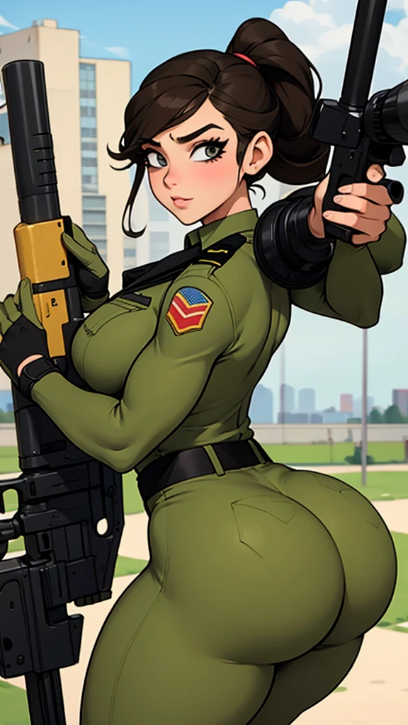 Military woman, curvy, athletic body, juicy ass, ground chest position, aiming with a sniper