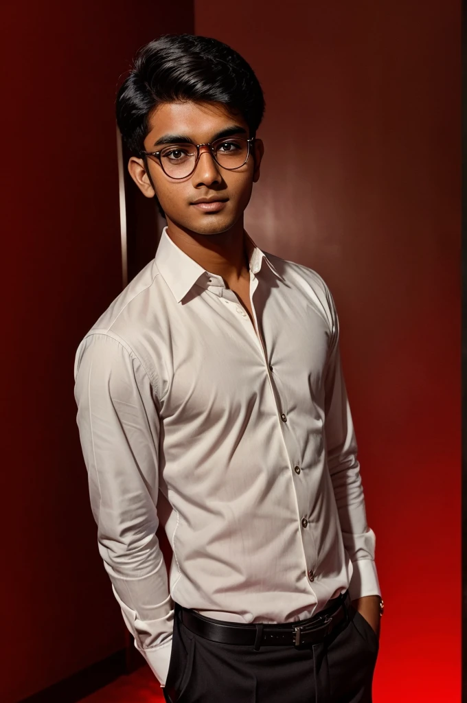 18 years old indian boy with fair skin wearing spectacles and narrow body posing for a linkedin picture in formal red light background