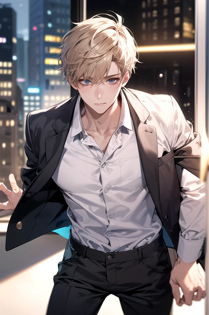 1boy, face focus, jacket, white shirt, black, pants, best quality, hires, detailed face, office, buildings from window, detailed background, diffused sunlight, depth of field, bokeh