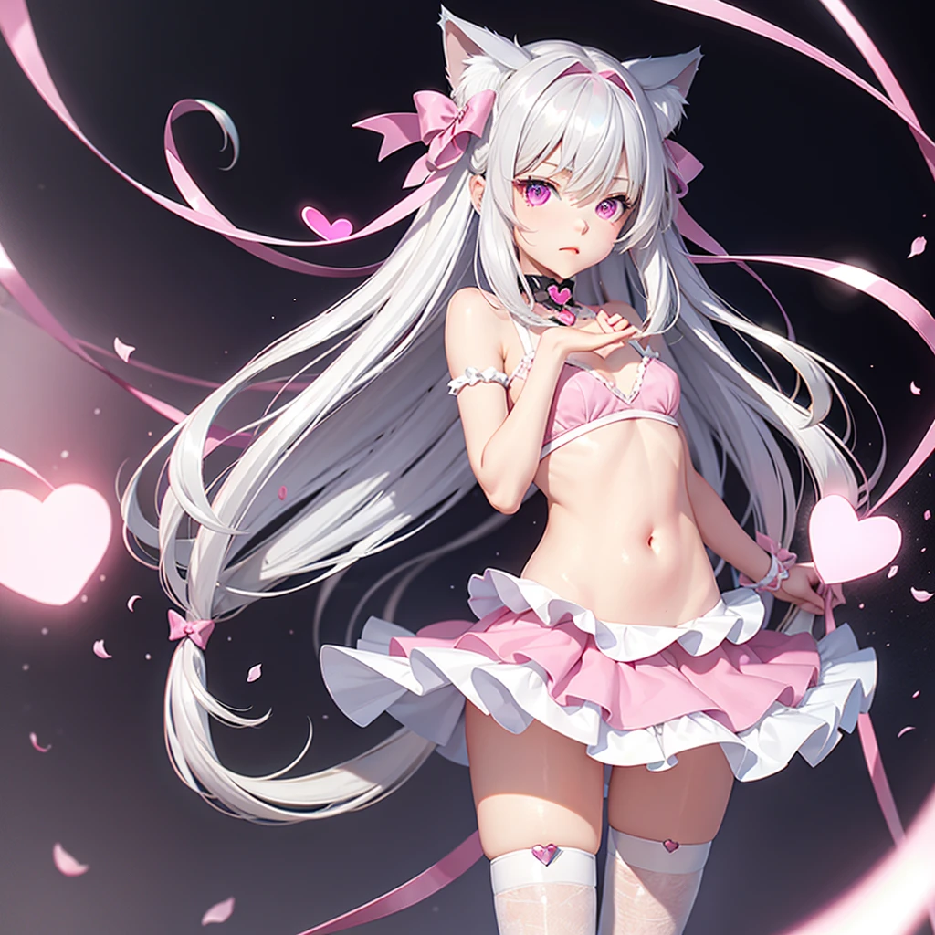 Silver hair, pink eyes, body, cat ears, cute girl, hair bow, heart fantasy background