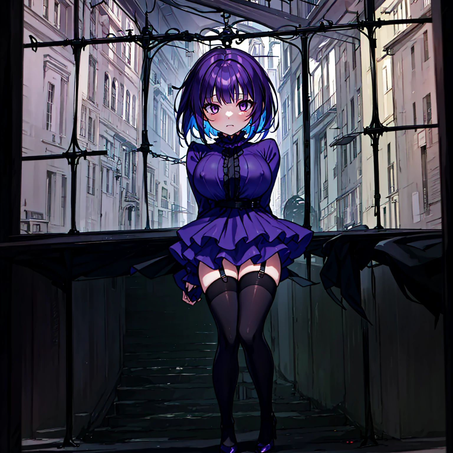 (solo), (1 skinny short girl:1.2), in the dark hall of mansion, (midnight), purple eyes over hair, Gothic Lolita, arms behind back, BREAK, (black short hair), (bursting lhuge breasts:1.1), (bouncing huge breasts:1.1), pale white skins, (skinny narrow waist), skinny legs, BREAK, (frilled layered black short dress), (frilled black cape), close chest, frilled long sleeve, show off thigh gap, (frilled black thighhighs:1.1), stiletto heels, BREAK, sad face, orgasm, coverd erectile nipples