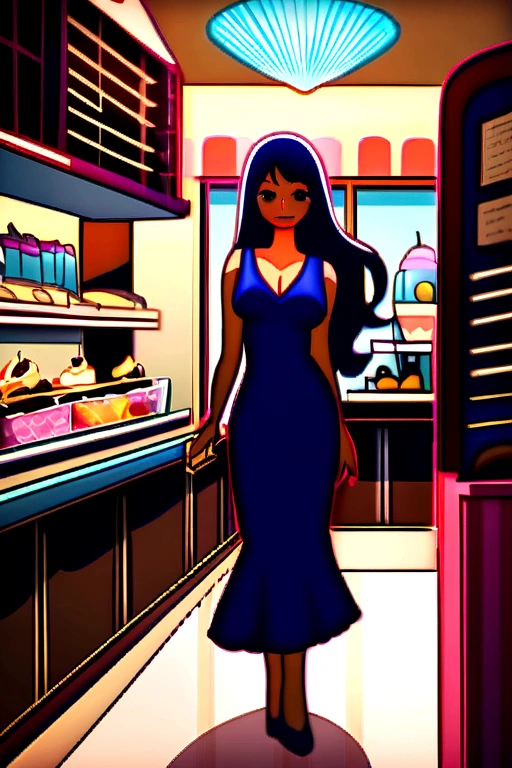 dark blue dress, standing in an ice cream parlor.milk-shake.chocolate dark blue hair and Zoro from One Piece by her side