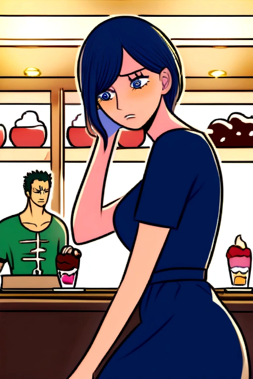 dark blue dress, standing in an ice cream parlor.milk-shake.chocolate dark blue hair and Zoro from One Piece by her side