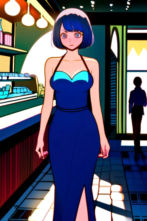 dark blue dress, standing in an ice cream parlor.milk-shake.chocolate dark blue hair and Zoro from One Piece by her side