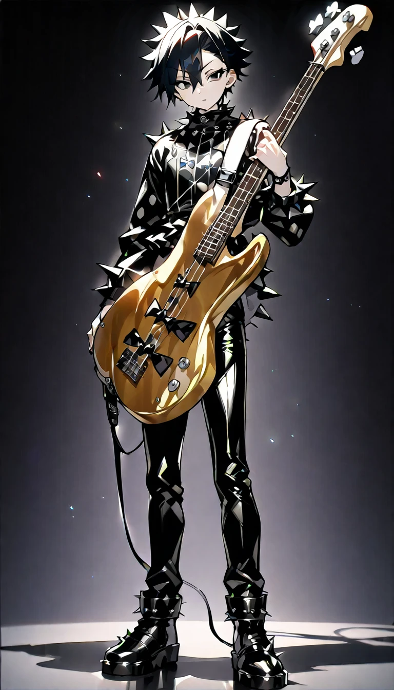 (((masterpiece,Highest quality))),(((A male anime character with messy black hair and black eyes dressed in a spiky patent leather visual kei outfit))),(((Standing with a bass guitar))),(((Black Background))),Focus on the whole body,(high quality),アニメ