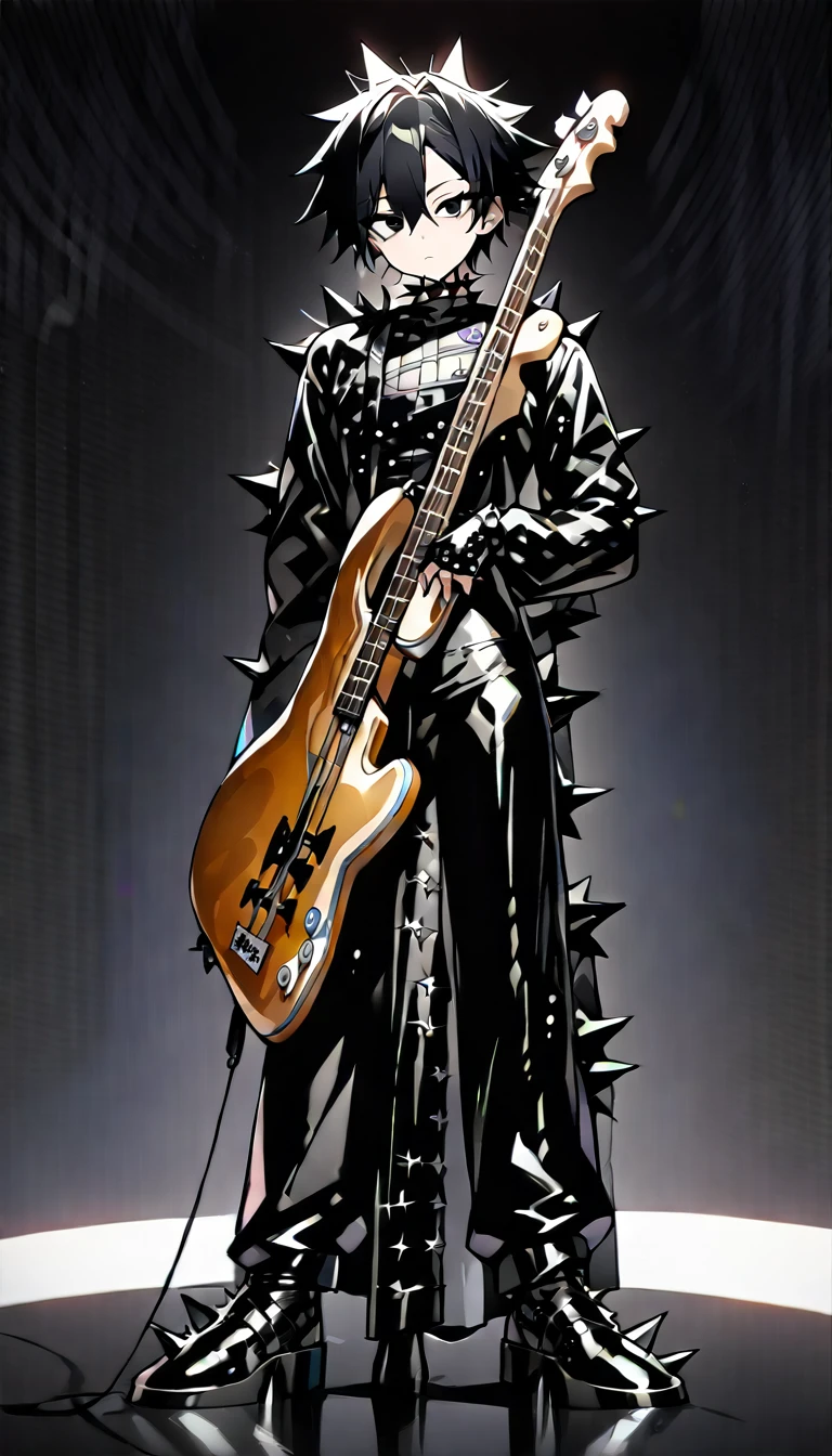 (((masterpiece,Highest quality))),(((A male anime character with messy black hair and black eyes dressed in a spiky patent leather visual kei outfit))),(((Standing with a bass guitar))),(((Black Background))),Focus on the whole body,(high quality),アニメ