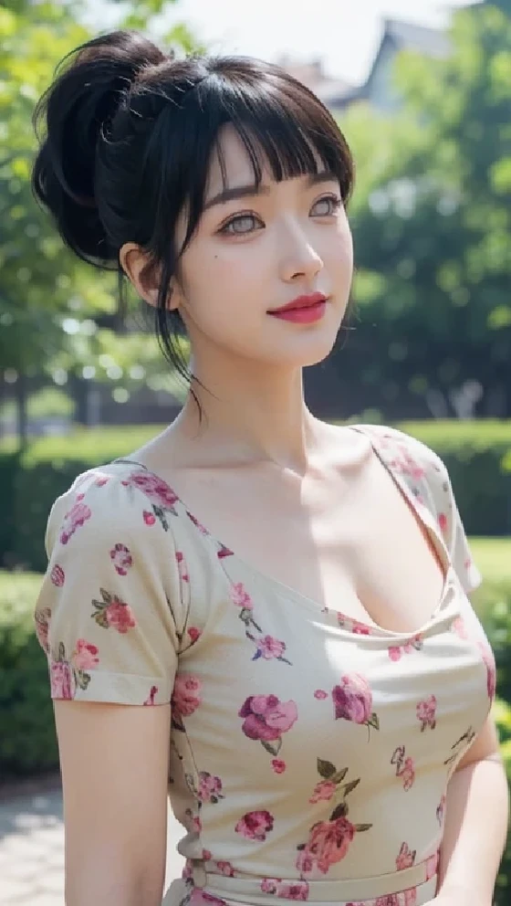 Draw lips correctly, red lipstick, from chest up, best quality, super detailed, lifelike, Ultra-fine skin, perfect anatomy, (hinata hyuga Mature woman), (alone),Wear floral green high-end round neck dress,short sleeves,wavy long hair,27-year-old woman,Mature,charming smile,garden background,stand,Chubby face, Hair tied into a ponytail,The body is a bit fat,medium bust,full-body shot