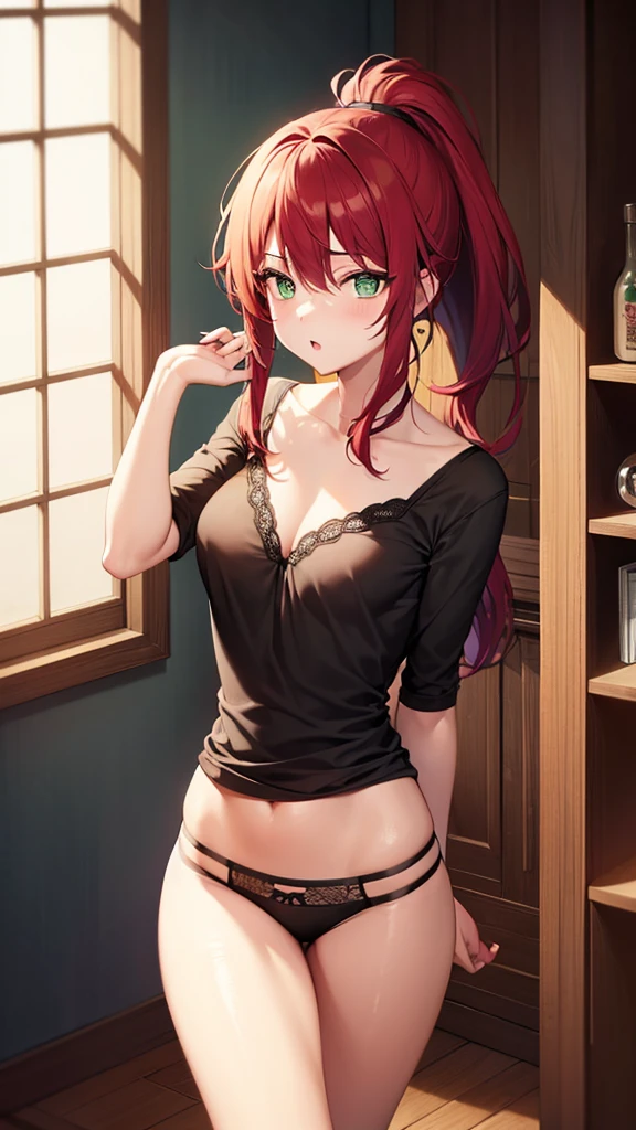 1girl, underwear, tight shirt, lingerie, big chest, green eyes, long torso, red hair, ponytail, shiny skin, reaching at the top of a cupboard