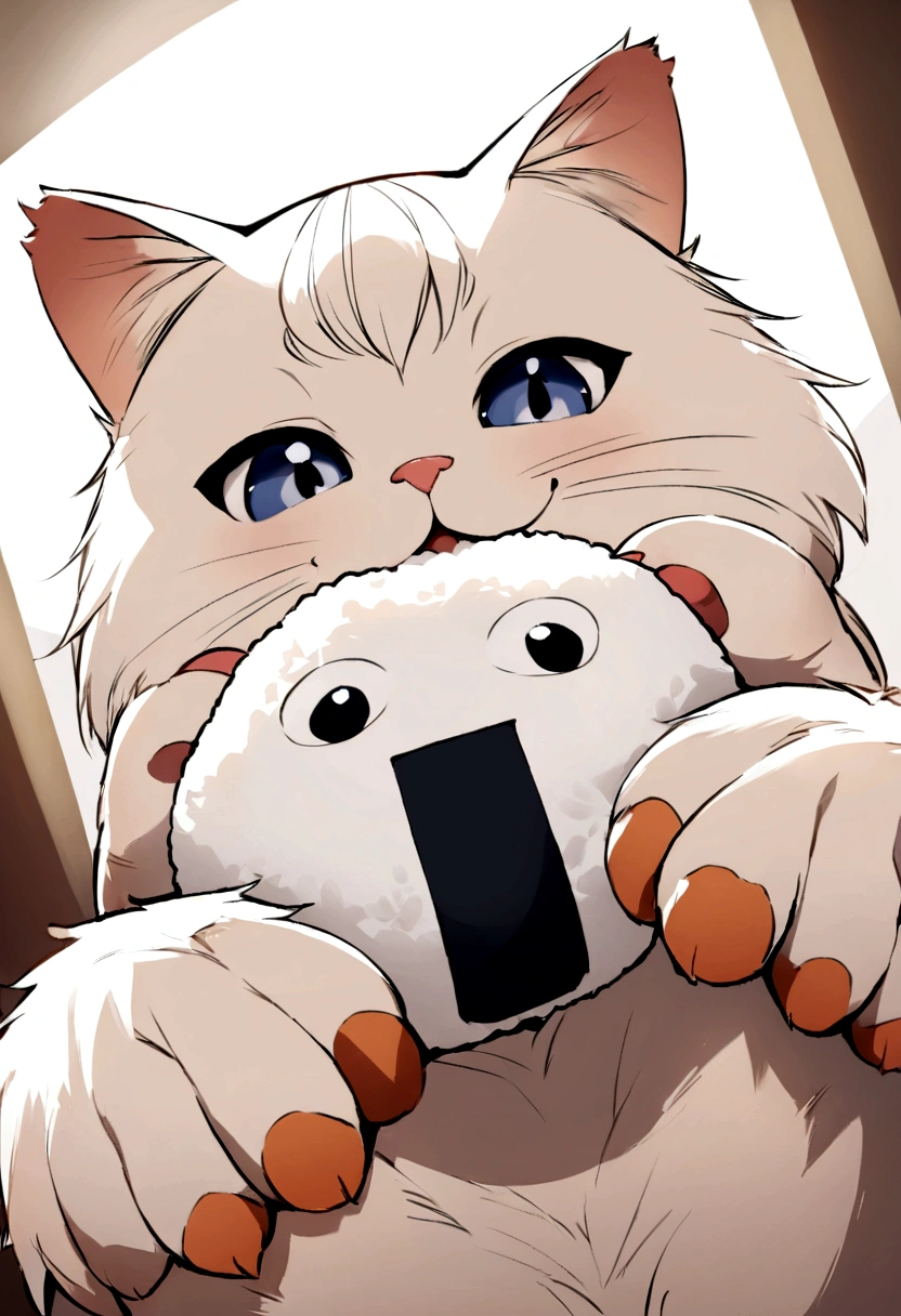 Highest quality, masterpiece, Ultra-high resolution, Realistically,Very cute Persian cat,Wide angle, Holding rice ball with front paws, Biting onigiri rice ball