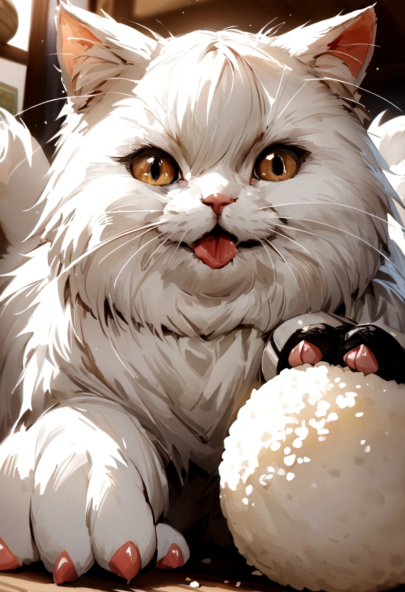 Highest quality, masterpiece, Ultra-high resolution, Realistically,Very cute Persian cat,Wide angle, Holding rice ball with front paws, Biting onigiri rice ball