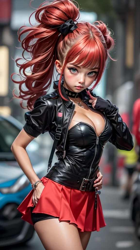The character costume is KPOP, Hallyu, K-pop anime art style, Hallyu frontline style, Hallyu art style, kpop style, official artwork, Chibi art, Pisif, Blackpink style, cute. KPOP artwork in various poses, The popularity of Pisif art station, chibi, No watermark, Extra close-fitting mini skirt, open jacket, extra short clear top Strapless, cleavage, sthing cyberpunk, smallest short short, wide angle, short top, very short,