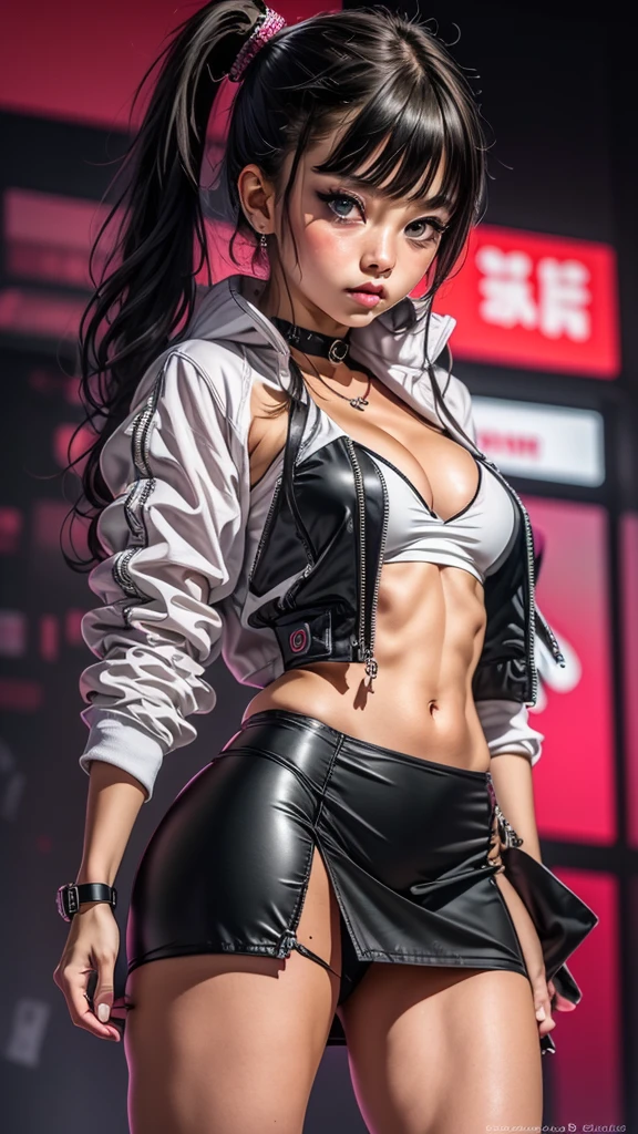 The character costume is KPOP, Hallyu, K-pop anime art style, Hallyu frontline style, Hallyu art style, kpop style, official artwork, Chibi art, Pisif, Blackpink style, cute. KPOP artwork in various poses, The popularity of Pisif art station, 16 year old chibi, No watermark, Extra close-fitting mini skirt, open jacket, extra short clear top Strapless, cleavage, style clothing cyberpunk, smallest short short, wide angle, short top, very short,