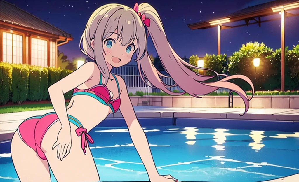 Masterpiece, Best Quality, extremely detailed, cheered up, girl,night pool,high waist bikini,SMILE,:d,action,(small breasts),ass focus nsfw