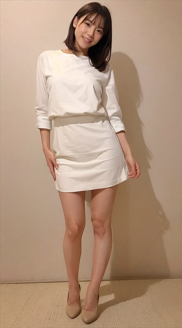 Sharp lines,Highest quality, Masterpiece、High-quality photos、Canon Photo Crystal Clear ,（Realistically:1.2）, (Beige mini skirt dress、High heels)、Sassy pose、Take a full body photo、sweat, blush, narrow eyes, open mouth,smile、Gorgeous hairstyle