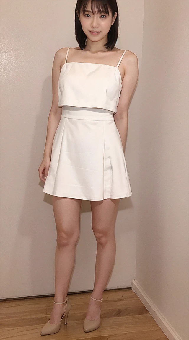 Sharp lines,Highest quality, Masterpiece、High-quality photos、Canon Photo Crystal Clear ,(Realistically:1.2), (Beige mini skirt dress、High heels)、Sassy pose、Take a full body photo、sweat, blush, narrow eyes, open mouth,smile、Gorgeous hairstyle