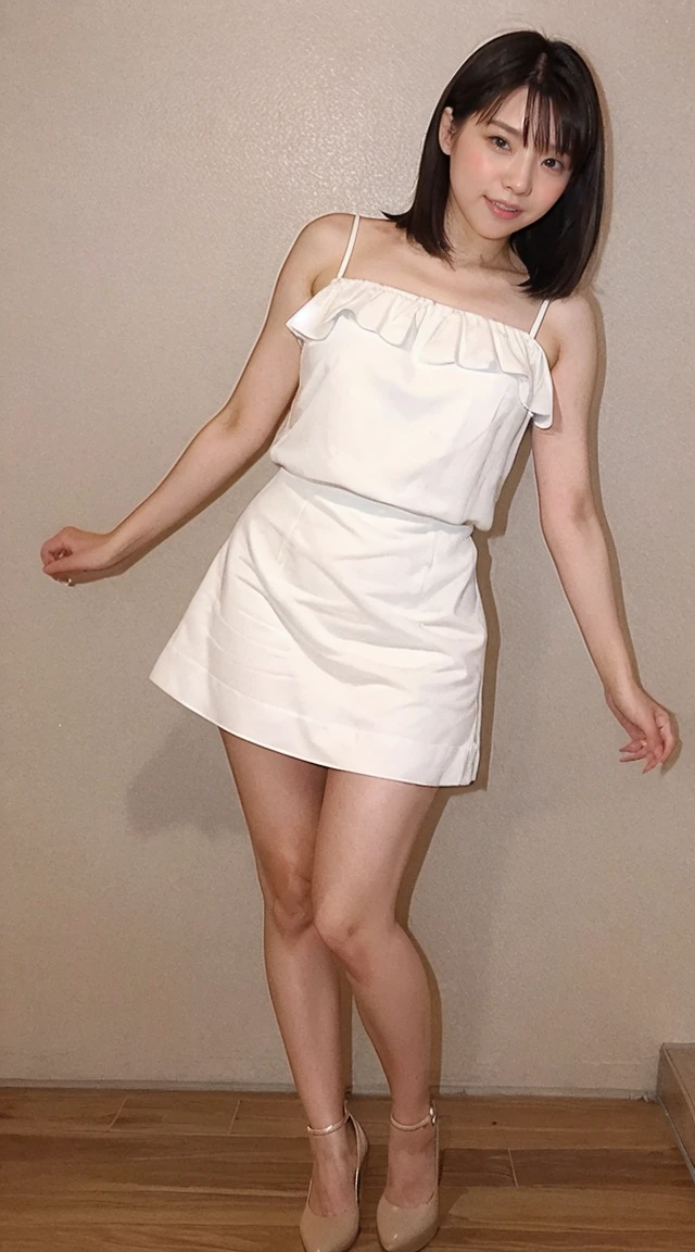 Sharp lines,Highest quality, Masterpiece、High-quality photos、Canon Photo Crystal Clear ,（Realistically:1.2）, (Beige mini skirt dress、High heels)、Sassy pose、Take a full body photo、sweat, blush, narrow eyes, open mouth,smile、Gorgeous hairstyle