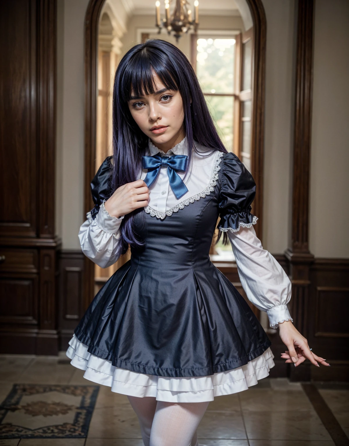 1 chica, full body photography, athletic, strong woman body, slim woman body, bowtie, frills, black dress, puffy sleeves, short over long sleeves, long sleeves, deep-blue hair, long hair, frederica bernkastel, purple hair, dress, bowtie, mary janes, socks, cat tail, tail bow, tail ornament,
purple eyes, constituir, Volumetric lighting, Mejor calidad, obra maestra, detalles intrincados, mapeo de tonos, sharp focus, hiper detallado, tendencia en artstation, Realista, belleza de talla mundial, joy face, vista frontal, detailed background, centered photo, perfectly drawn hands, closed dress at chest
