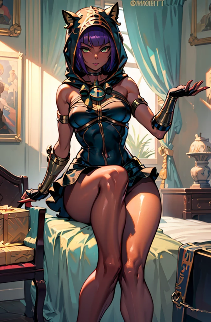 Masterpiece, best quality, absurdres, ((1girl)), , menat_holiday,  light smile, dark skin, Green eyes, egyptian, bob cut, red dress, (black hood), black gloves,(shiny thighs),, , bare shoulders,sexy thighs,(((beautiful leg))),((solo)),panty shot,evil smile,,,in bedroom,upskirt,camel toe.one leg up,grabs leg,stretching,parted lips