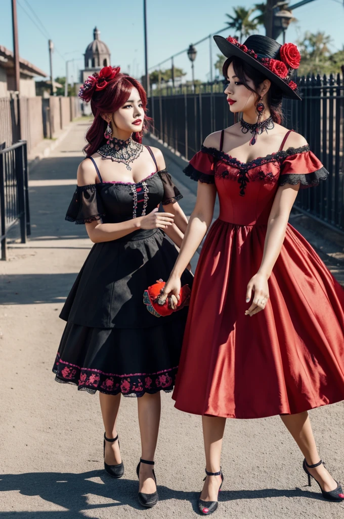 park Jimin (BTS) running through a schoolyard in a Mexican Catrina dress and catrina makeup, while turning to see Jeon Jungkook(BTS) catrin dress