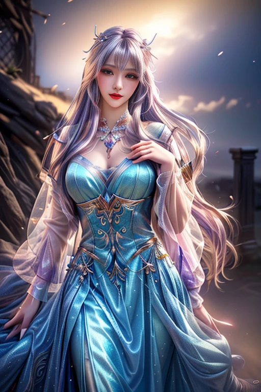 (best quality, realistic, photo-realistic:1.37), vibrant colors, smooth curves, sensual pose, soft lighting, anime-style, long flowing hair, detailed eyes and lips, alluring gaze, intricate clothing, fantasy backdrop, dreamy atmosphere.