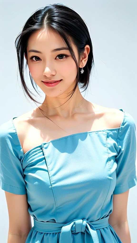 (1 woman:1.5)、(Wide forehead、Very short hair、Very small amount of hair、Forehead:1.1)、A happy expression with a slight tan、A soft smile、(Light blue dress),((Very sleepy、Improves skin texture, A big smile、Narrow eyes、I know the shape of your head))、(slicked back hair:1.25)、Photographic, Raw photo, Mastepiece, Highly detailed photos, Digital SLR, Photo-realistic 1.4, Super hello nothing, Best Quality,(standing、tilting your head、whole body:1.5)