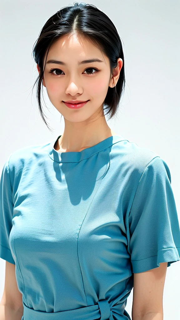 (1 woman:1.5)、(Wide forehead、Very short hair、Very small amount of hair、Forehead:1.1)、A happy expression with a slight tan、A soft smile、(Light blue dress),((Very sleepy、Improves skin texture, A big smile、Narrow eyes、I know the shape of your head))、(slicked back hair:1.25)、Photographic, Raw photo, Mastepiece, Highly detailed photos, Digital SLR, Photo-realistic 1.4, Super hello nothing, Best Quality,(standing、tilting your head、whole body:1.5)