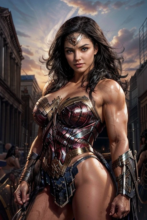 Art image of Gina Carano as Wonder Woman, busty, beautiful, black hair,big muscles, large breasts, ancient Athens background, by Louis Royo, Boris Vallejo, Frank Frazetta, extreme focus, sharp details, sexy,  oily skin, sexy, naughty, sexy pose