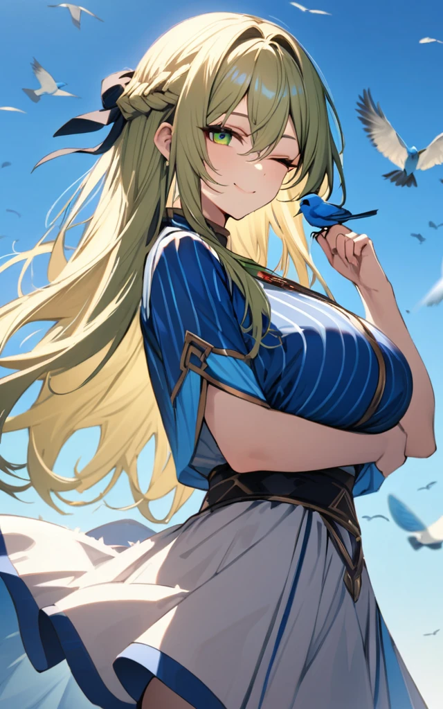 (masterpiece)、(absurdres)、(ultra detailed),Blue sky background with lots of flying birds、A meadow with lots of flowers blooming、BREAK,Blue bird on hand、BREAK,solo woman:1.1、huge breast:0.9,french braid、yellow long hair:1.1、green eyes、hair between eyes、little pendant in sapphire:0.9、blue stripes indian costume:1.2、side view,cowboy shot,closed mouth,happy smile,half-closed eye,one closed eye,Pale Light、