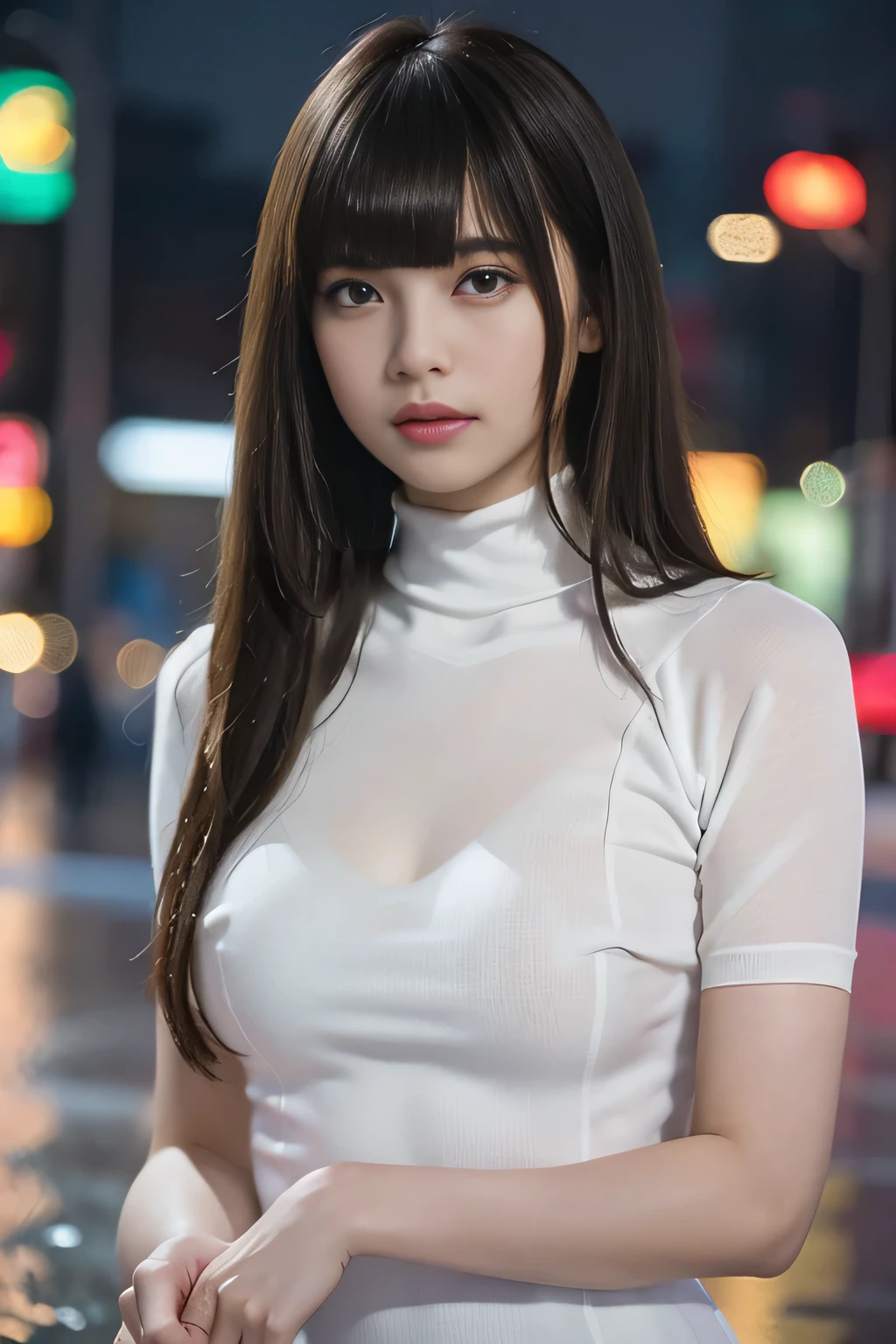 Random Pause, Mix 4,8K, RAW Photos, Highest quality, masterpiece: 1.45), (Realistic, photoRealistic: 1.37), one girl, cute, Cityscape, night, rain, wet, Professional Lighting, Photon Mapping, Radio City, Physically Based Rendering, ,, girl, {{{See-through white tight short-sleeved turtleneck:1.2):Nipples}}}, White skin, best quality photos, High resolution, 1080P, (Clear Face), (Detailed face description), (Detailed hand description), (masterpiece), ), Extreme light and shadow, (Straight Hair:1.5}, masterpiece, Rich details, (Beautiful Face), (Highest quality photo ), (masterpiece), (bangs:1.5), Look in front of you, Thin clavicle, (Small breasts:1.4),