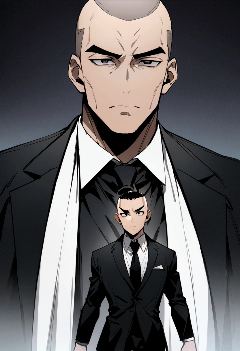 (Highest quality, masterpiece, anime), 1 male, Age 40, Black eyes, Asian, chiseled face, tall, dark hair, shaved head, crisp eyebrows, large eyes, black suit, 4K, Highest quality, View your viewers.