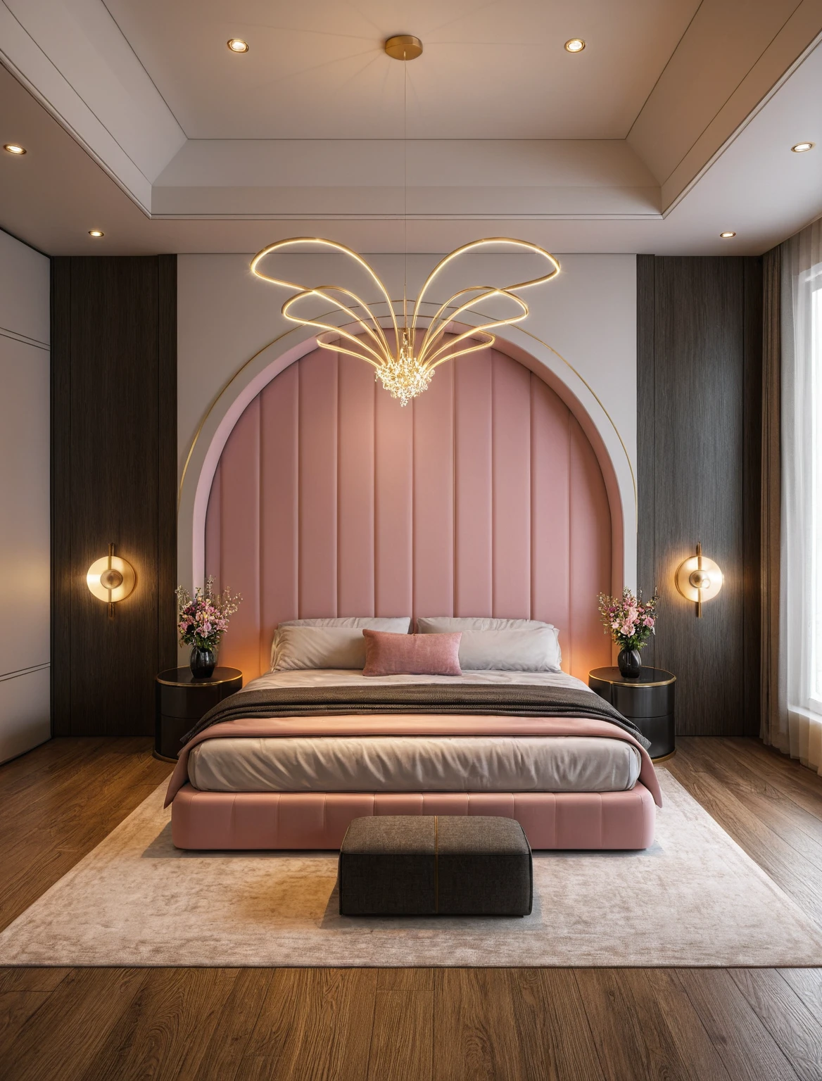 Raw photo,Masterpiece, high quality, best quality, authentic, super detail, interior, ((girl's bedroom)), ( style modern luxury), sunset, day light, bed, carpet, curves, bedside cabinets, wood floor, led, flower vase, butterfly chandelier , windows, downlight, (pink and black tones), wardrobe, glass cabinet doors, gold brace,