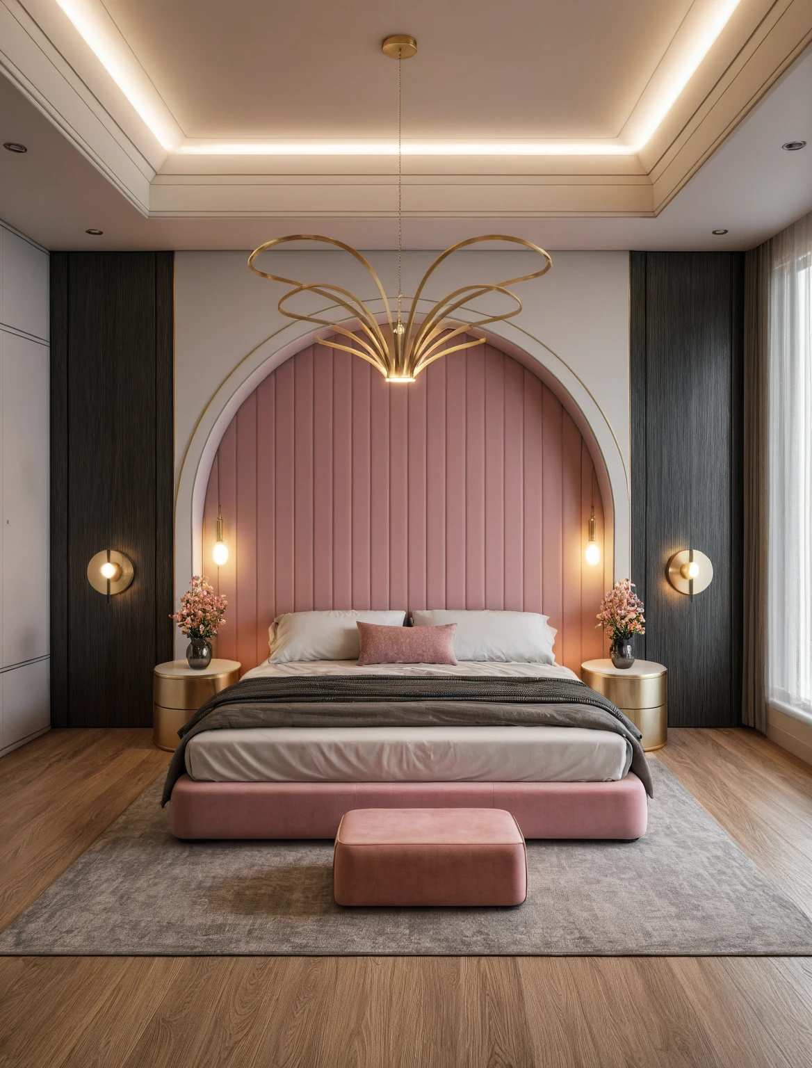 Raw photo,Masterpiece, high quality, best quality, authentic, super detail, interior, ((girl's bedroom)), ( style modern luxury), sunset, day light, bed, carpet, curves, bedside cabinets, wood floor, led, flower vase, butterfly chandelier , windows, downlight, (pink and black tones), wardrobe, glass cabinet doors, gold brace,