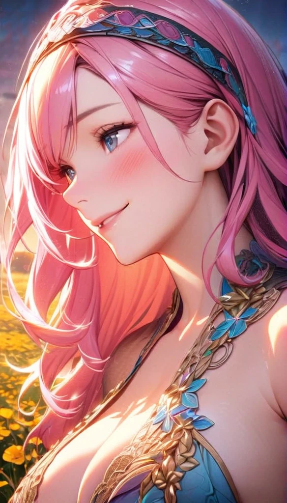 beautiful girl, long pink hair, beautiful face,smiling,close up to hips, beautiful breast, in the middle of flowers field, (open mouth:0.4),illustration,detailed textures(realists),ultra-detailed,portrait style,vivid colors,soft lighting, blushing, mature, hair fluttering, evening light , head band, ((half body)),  cleavage, no bra , wearing intricate dress, perky. ((side profile half body))