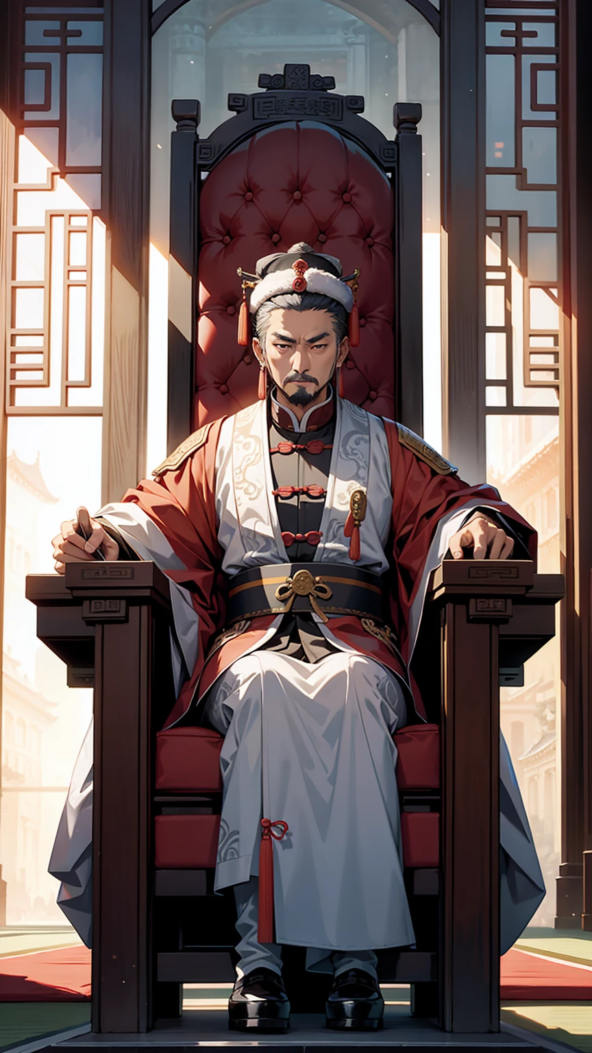 An ancient Chinese emperor sitting on a throne in the palace