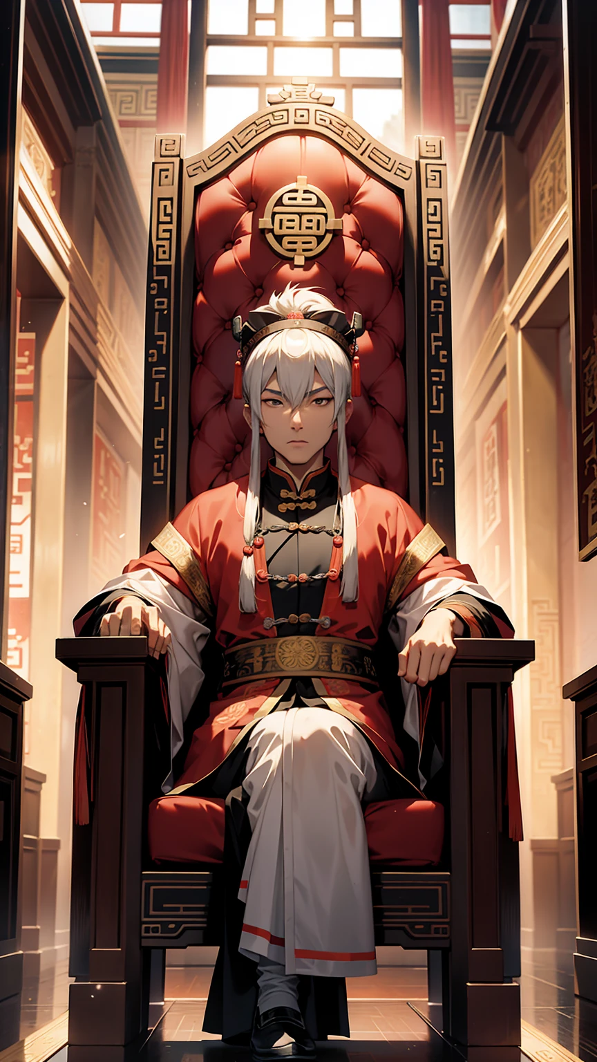 An ancient Chinese emperor sitting on a throne in the palace