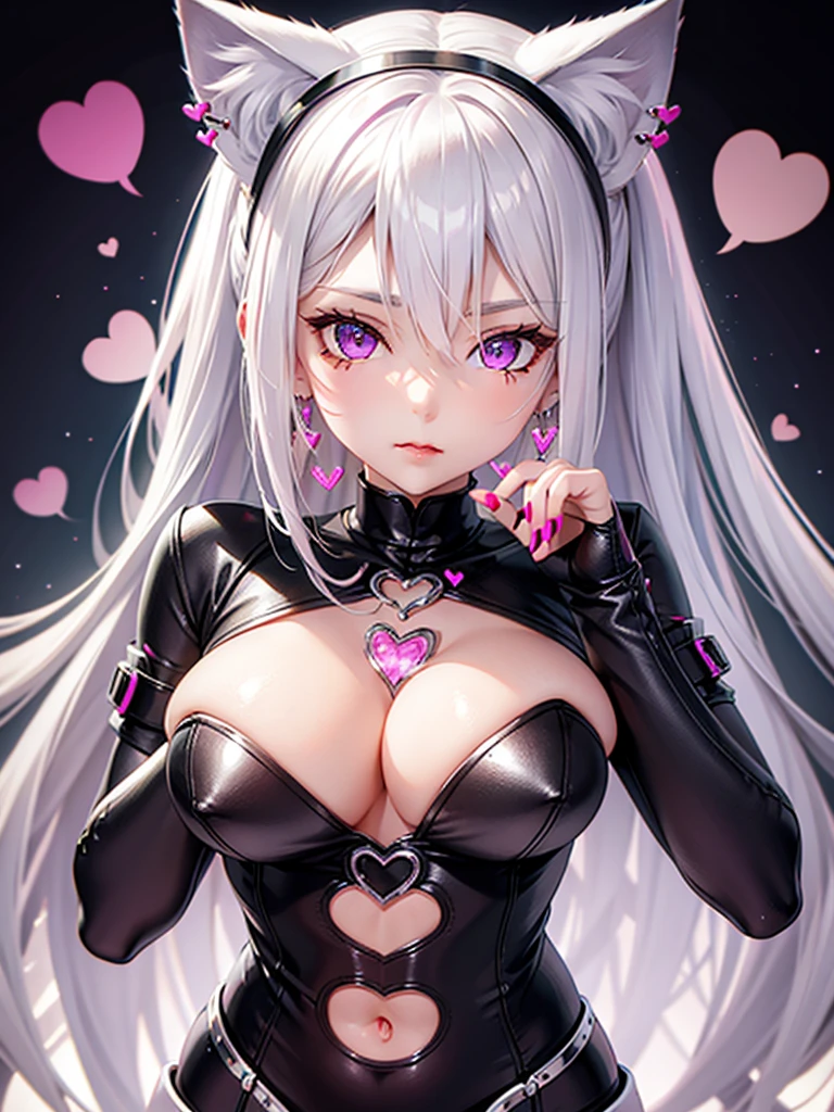 Silver hair, pink eyes, body, cat ears, sexy girl, earrings, heart background fantasy 