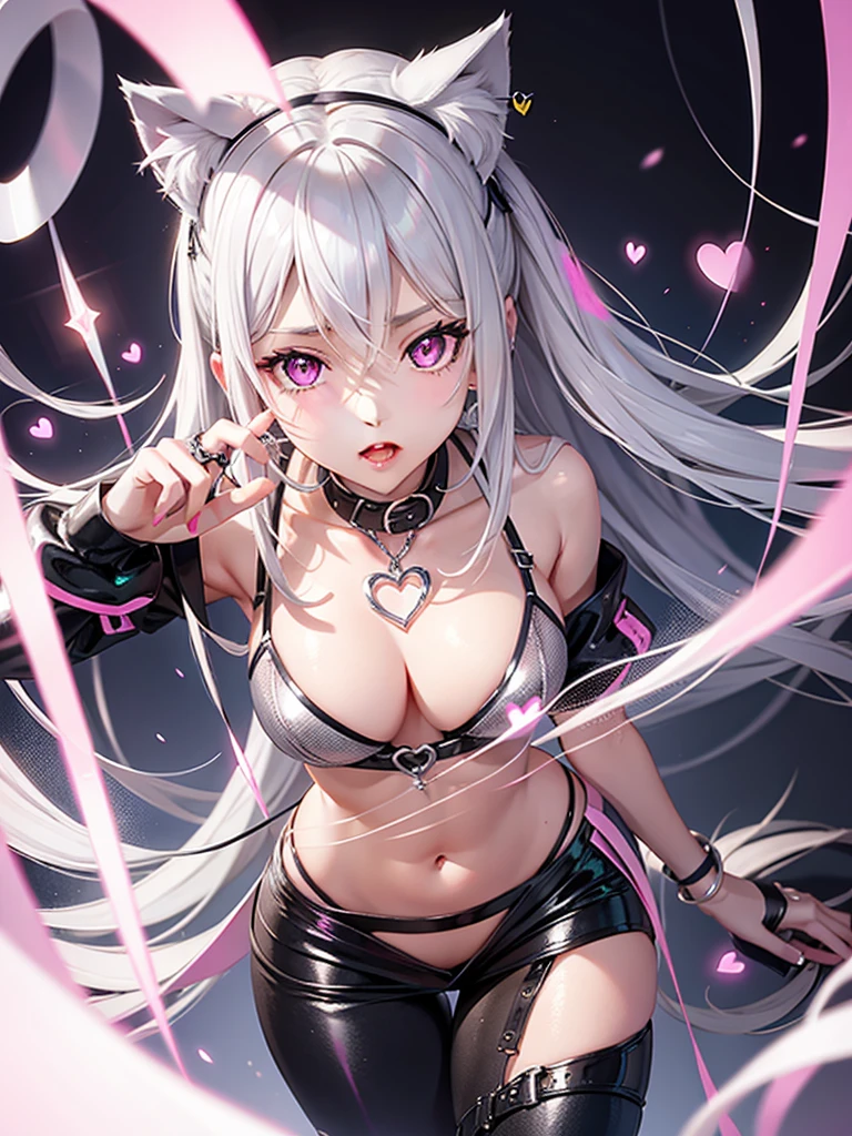 Silver hair, pink eyes, body, cat ears, sexy girl, earrings, heart background fantasy 