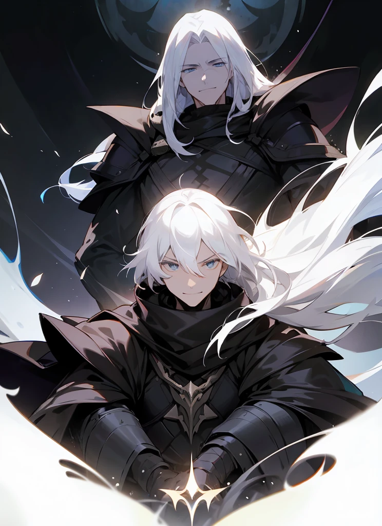 1 , handsome long hair,black highlight white hair, fanstasy, smile face, male ,fantasy, druid, reaper, hunter, villian face, short hair black armor , darkness wolrd