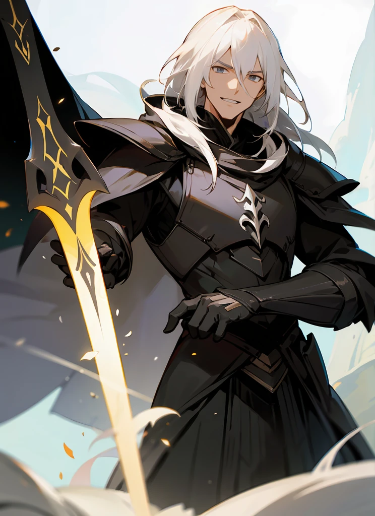 1 , handsome long hair,black highlight white hair, fanstasy, smile face, male ,fantasy, druid, reaper, hunter, villian face, short hair black armor , darkness wolrd