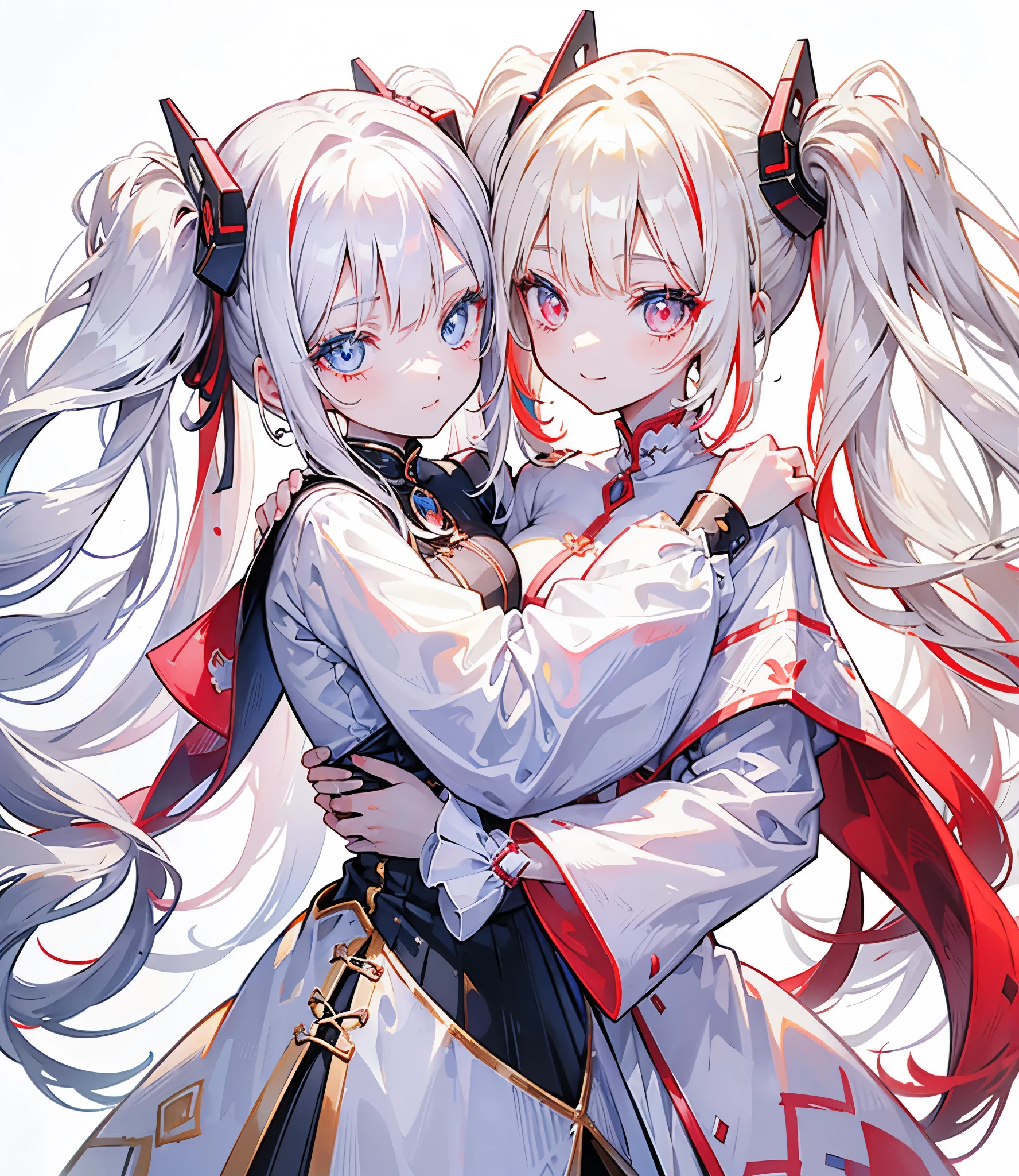 Two girls, one with beige hair and very red eyes, the other with white hair and blue eyes, twin tails, long hair, white background, colorful jewels, light, high quality, hands together, one hugging from behind, smiling ,mecha musume, Colorful portraits