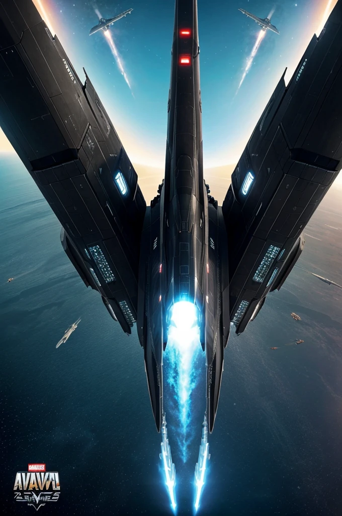 a big space ship similar with  marvel movie avengers war ship , black colour , futuristic  design , super sonic throtels , bright day light , fly on an unknown planet , air ship with big guns  