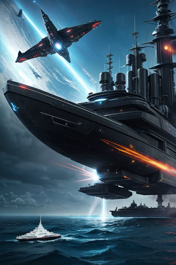 a big space ship similar with  marvel movie avengers war ship , black colour , futuristic  design , super sonic throtels , bright day light , fly on an unknown planet , air ship with big guns  