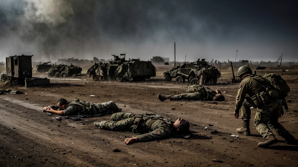 There is a battlefield, there are dead people, there are people crying and screaming next to them.