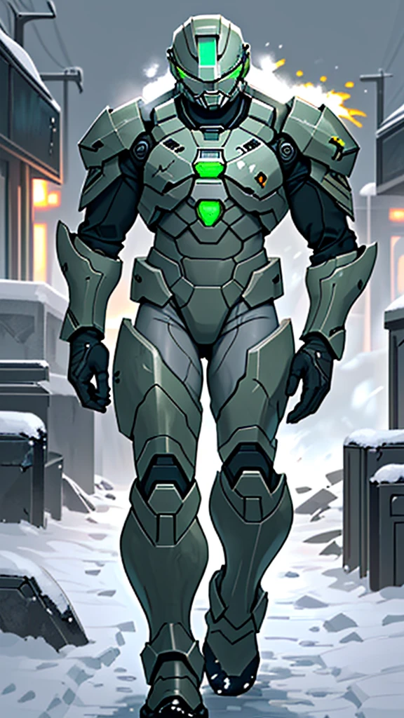 1 Boy，Put on the whole gray armor suit，gray helmet，Green eye patch，Master Chief，Snowstorm all around，Dark weather，Moving things，End of the World，Armored suits have numbers on them